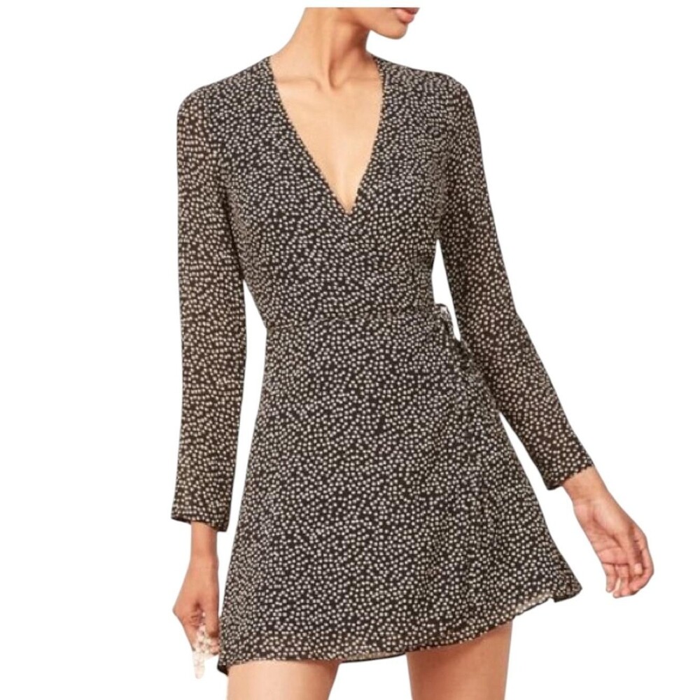 Reformation Black Floral Wrap Mini Dress Women Size S Long Sleeve